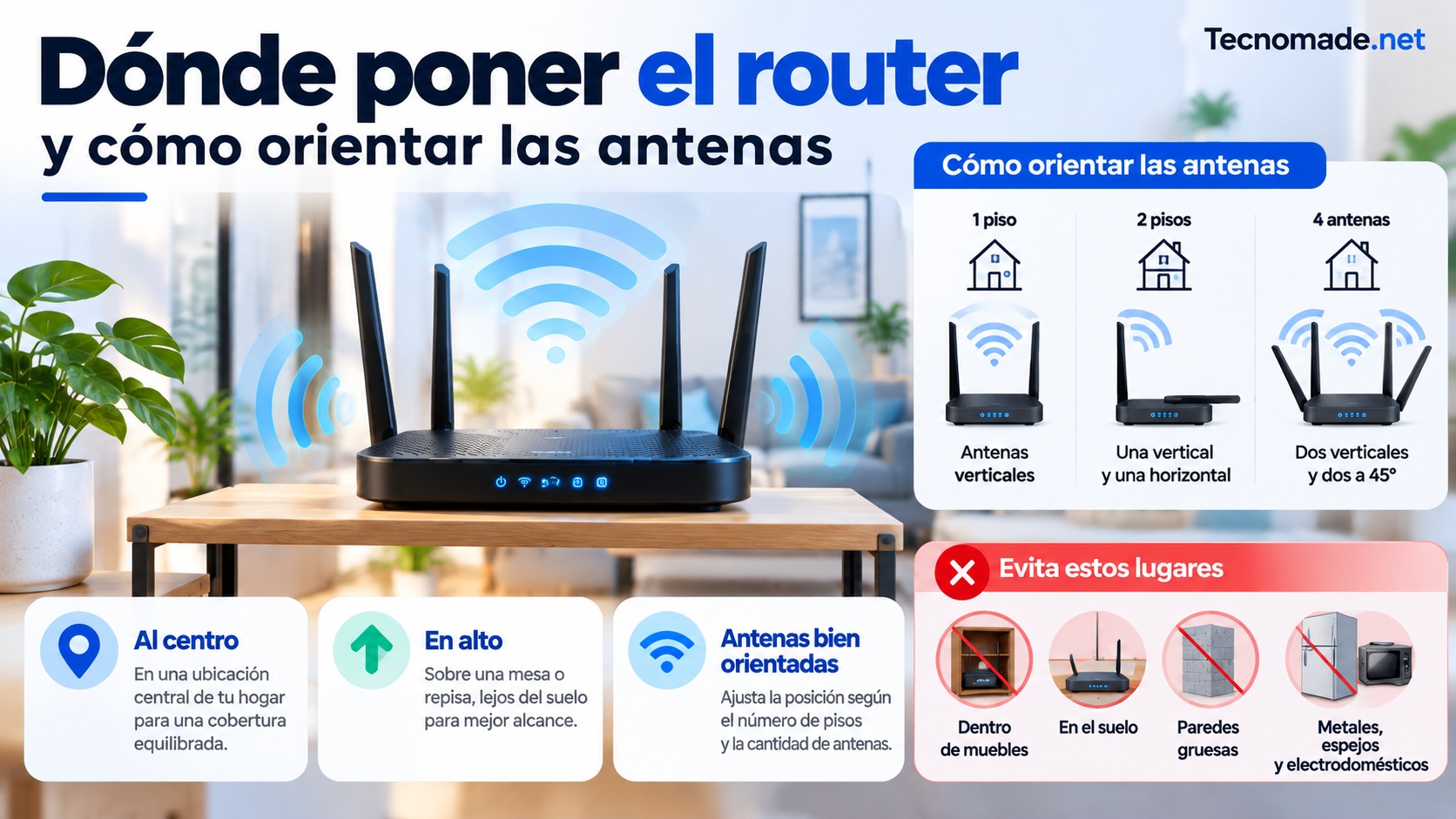 Planta de una casa con el router en la esquina de la entrada y con el router al centro, mostrando cómo llega la señal