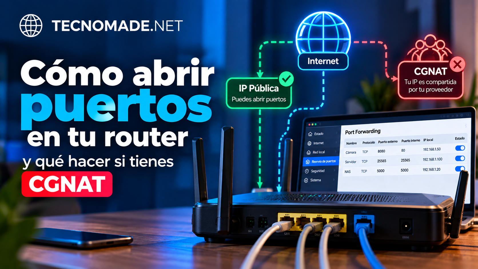 Analogía del edificio: la IP pública es la dirección, el router es el conserje y abrir un puerto es darle una instrucción