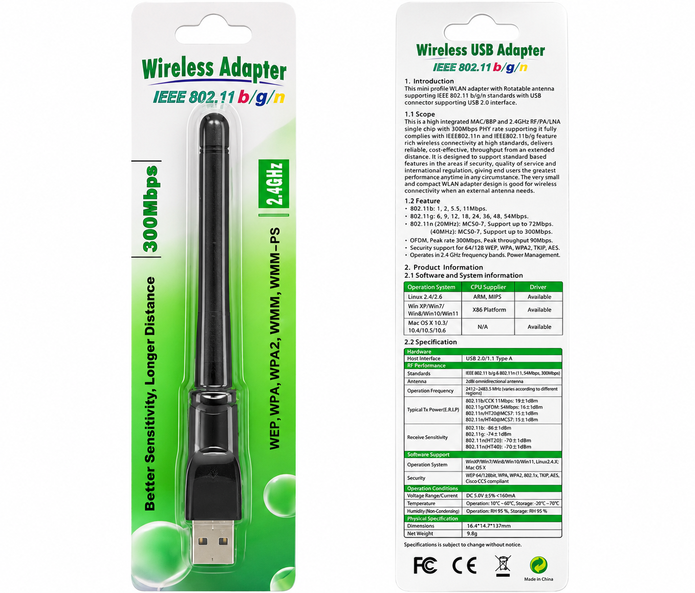 Adaptador WiFi USB 300 Mbps 2.4 GHz con Antena Externa – 802.11 b/g/n